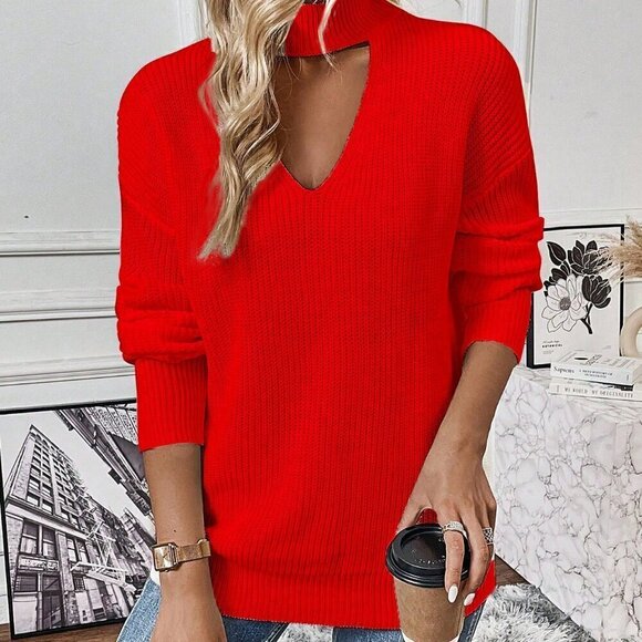 Red Casual Women's Choker Neck Drop Shoulder Sweater - Picture 5 of 6